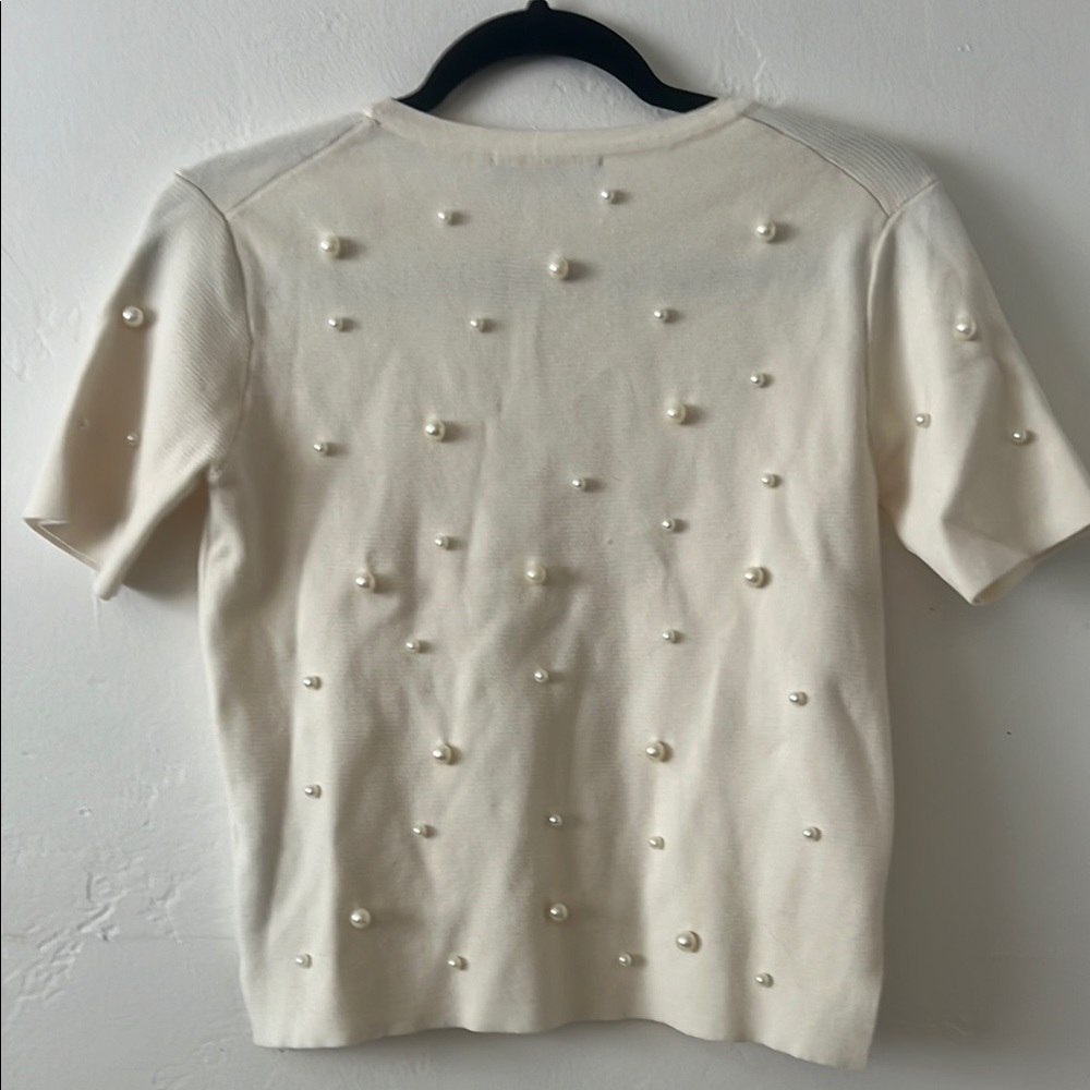Zara Cream Pearl Embellished Knit Short Sleeve Top Size Small - Picture 3 of 3